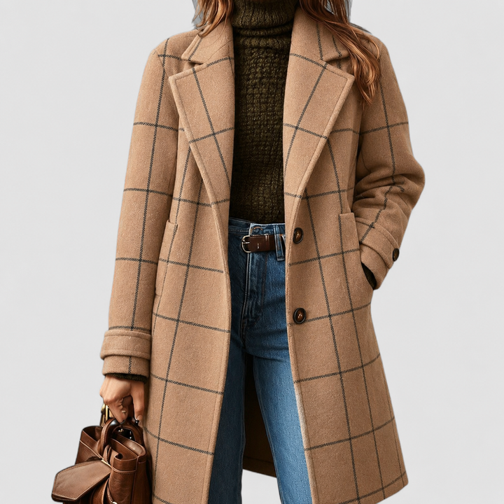 Karomantel Damen in Camel mit strukturiertem Kragen
